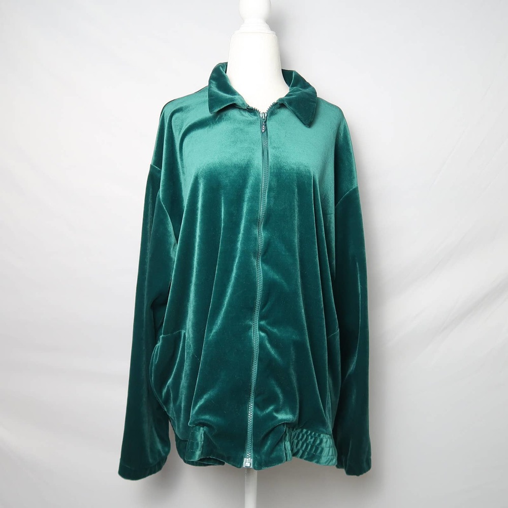 Vintage 90s Donn Kenny emerald green zip front velvet track jacket XL